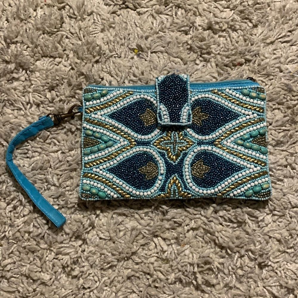 Bamboo trading company GUC blue/gold beaded wristlet